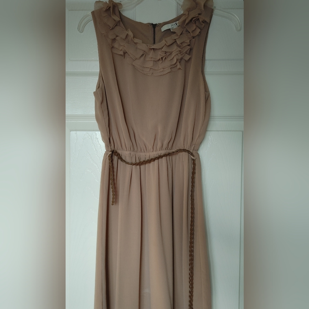 Light brown, small dress with a belt.